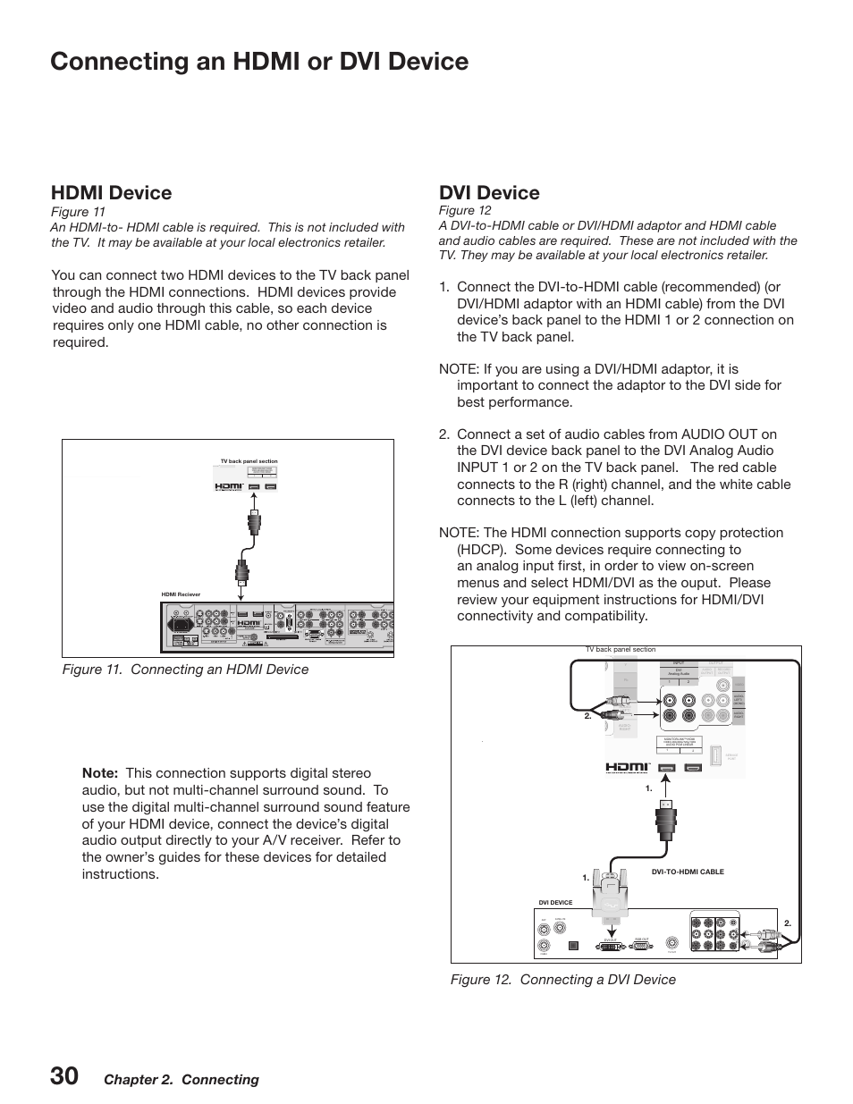 Connecting an hdmi or dvi device, Hdmi device, Dvi device | Chapter 2. connecting, Figure 11. connecting an hdmi device | MITSUBISHI ELECTRIC WD-52527 User Manual | Page 30 / 110