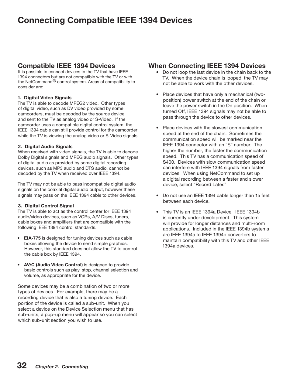 Connecting compatible ieee 139 devices, When connecting ieee 139 devices, Compatible ieee 139 devices | MITSUBISHI ELECTRIC WD-52527 User Manual | Page 32 / 110