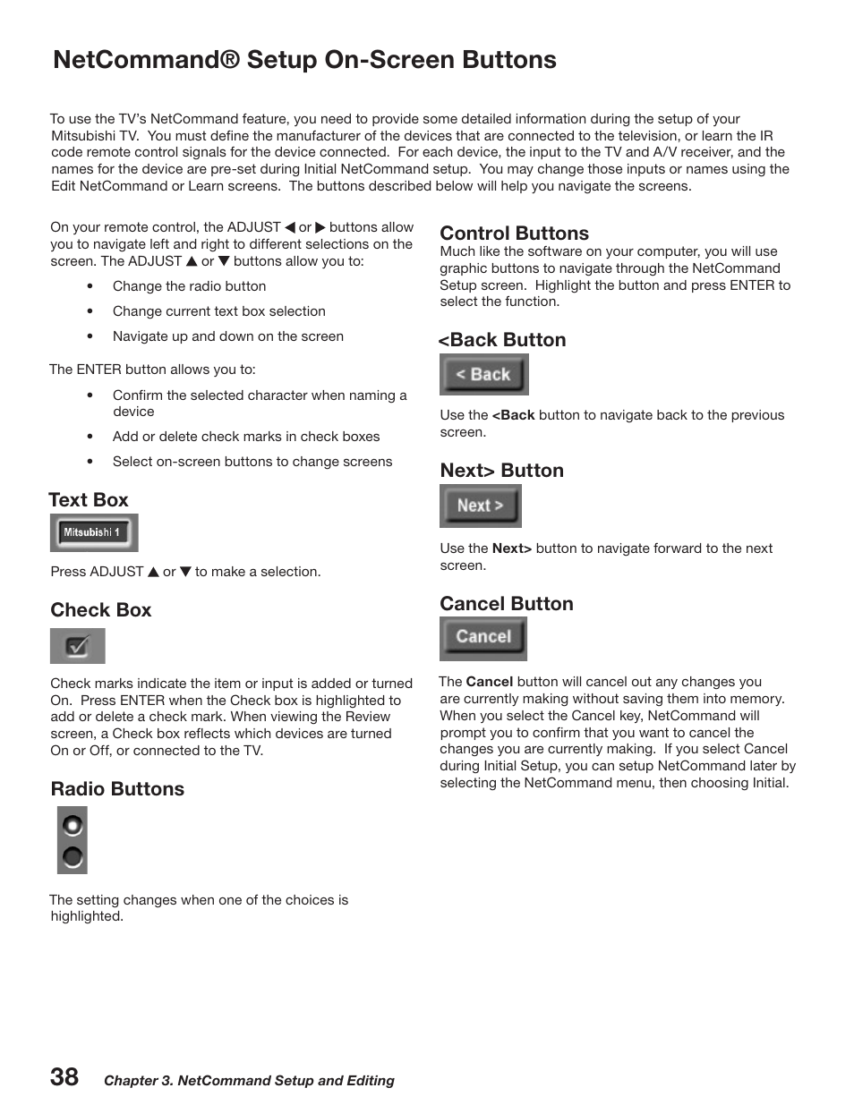 Netcommand® setup on-screen buttons, Text box, Check box | Radio buttons, Control buttons, Back button, Next> button, Cancel button | MITSUBISHI ELECTRIC WD-52527 User Manual | Page 38 / 110