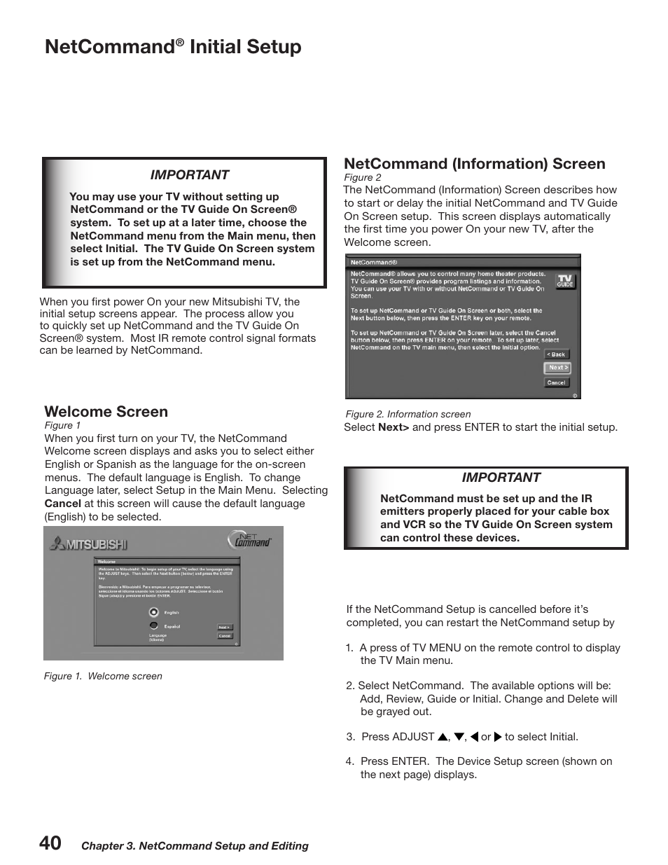 Netcommand, Initial setup, Welcome screen | Netcommand (information) screen | MITSUBISHI ELECTRIC WD-52527 User Manual | Page 40 / 110