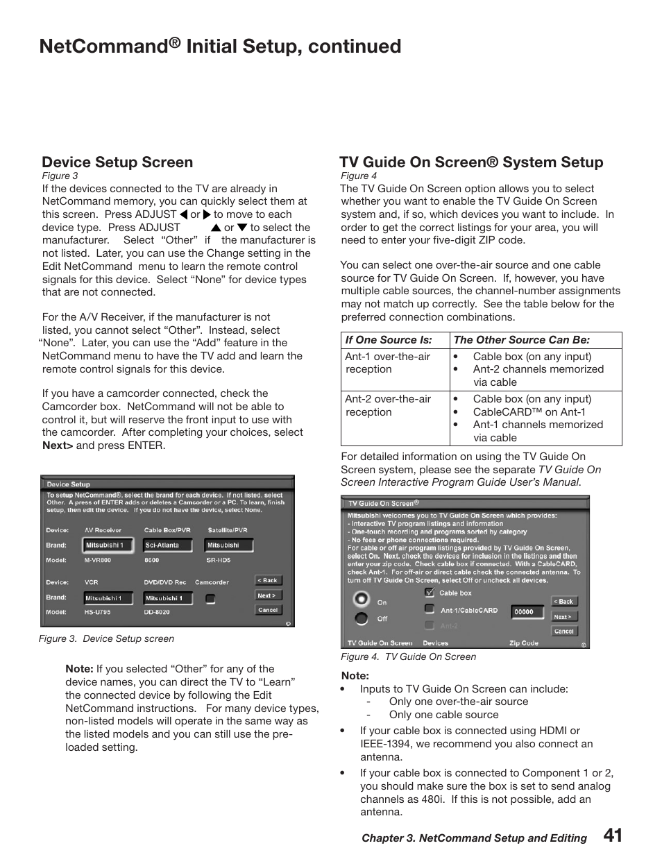 Netcommand, Initial setup, continued, Device setup screen | Tv guide on screen® system setup | MITSUBISHI ELECTRIC WD-52527 User Manual | Page 41 / 110