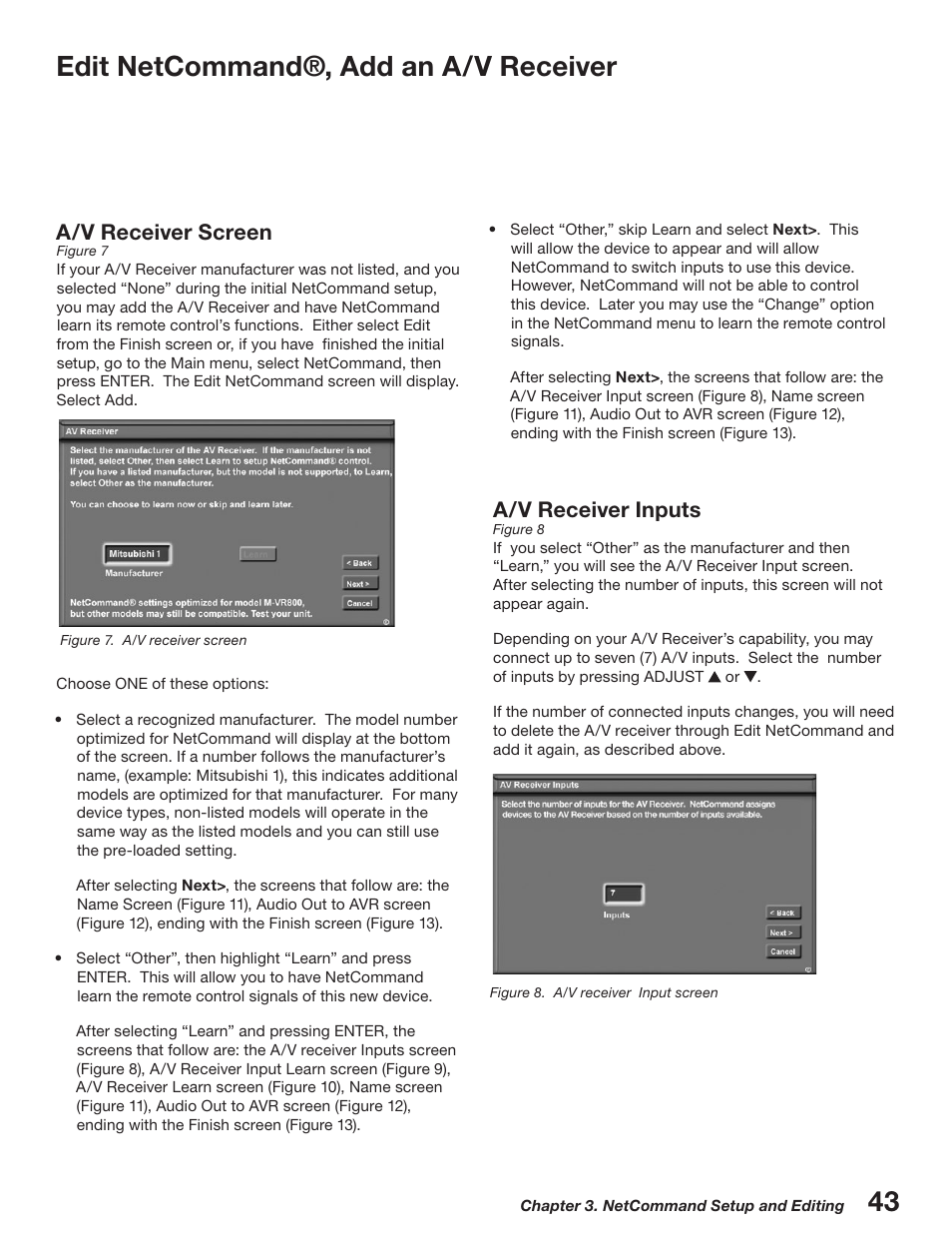 Edit netcommand®, add an a/v receiver, A/v receiver screen, A/v receiver inputs | MITSUBISHI ELECTRIC WD-52527 User Manual | Page 43 / 110