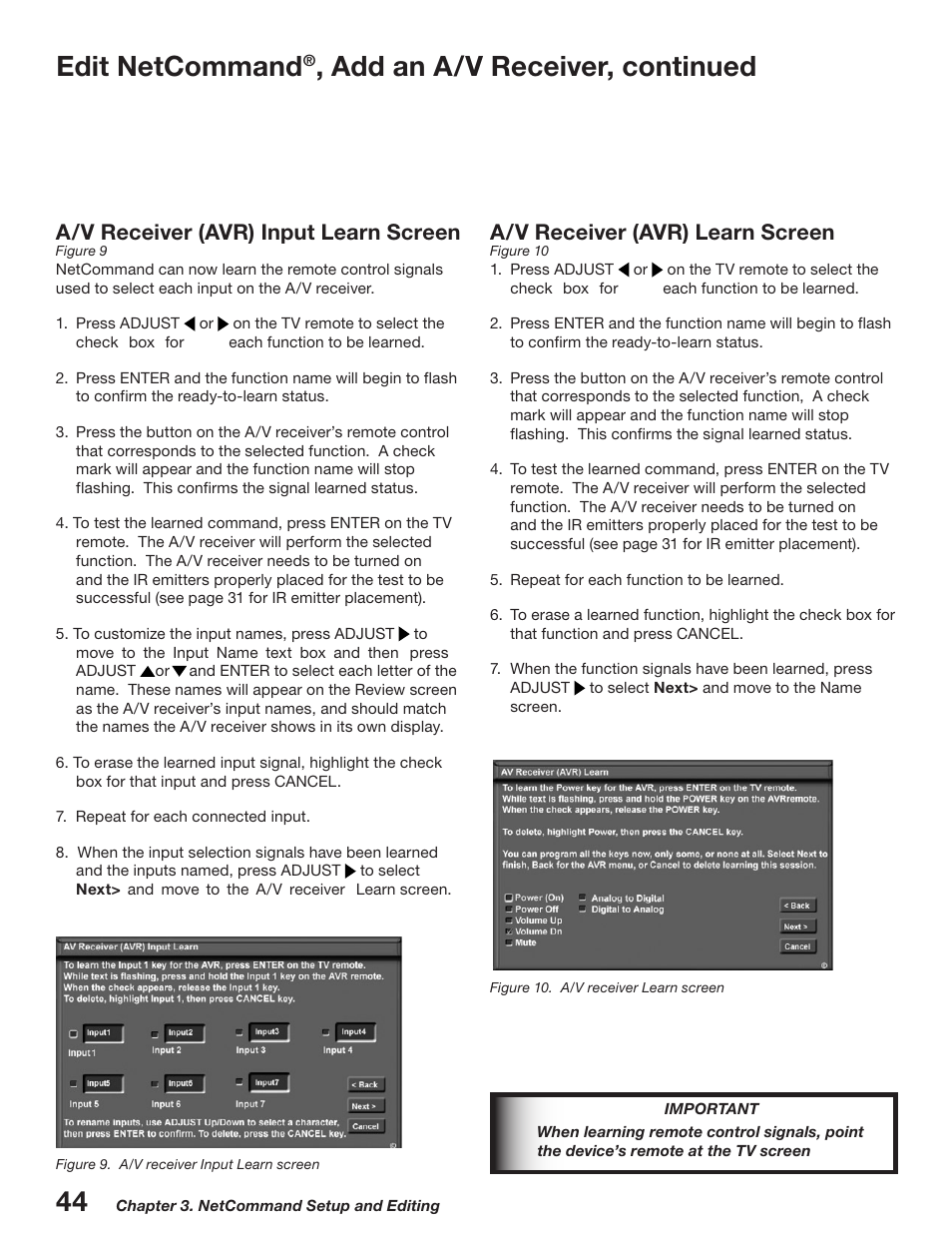 Edit netcommand, Add an a/v receiver, continued, A/v receiver (avr) learn screen | A/v receiver (avr) input learn screen | MITSUBISHI ELECTRIC WD-52527 User Manual | Page 44 / 110