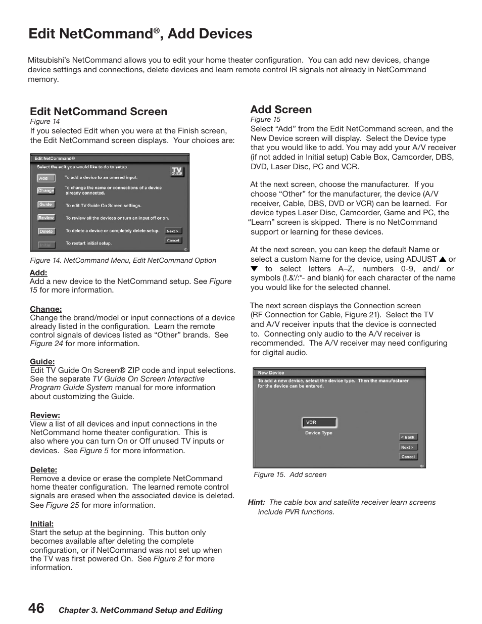 Edit netcommand, Add devices, Edit netcommand screen | Add screen | MITSUBISHI ELECTRIC WD-52527 User Manual | Page 46 / 110