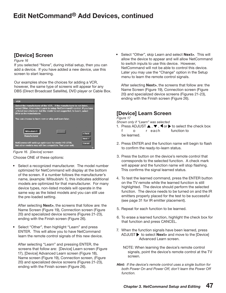 Edit netcommand, Add devices, continued, Device] screen | Device] learn screen | MITSUBISHI ELECTRIC WD-52527 User Manual | Page 47 / 110