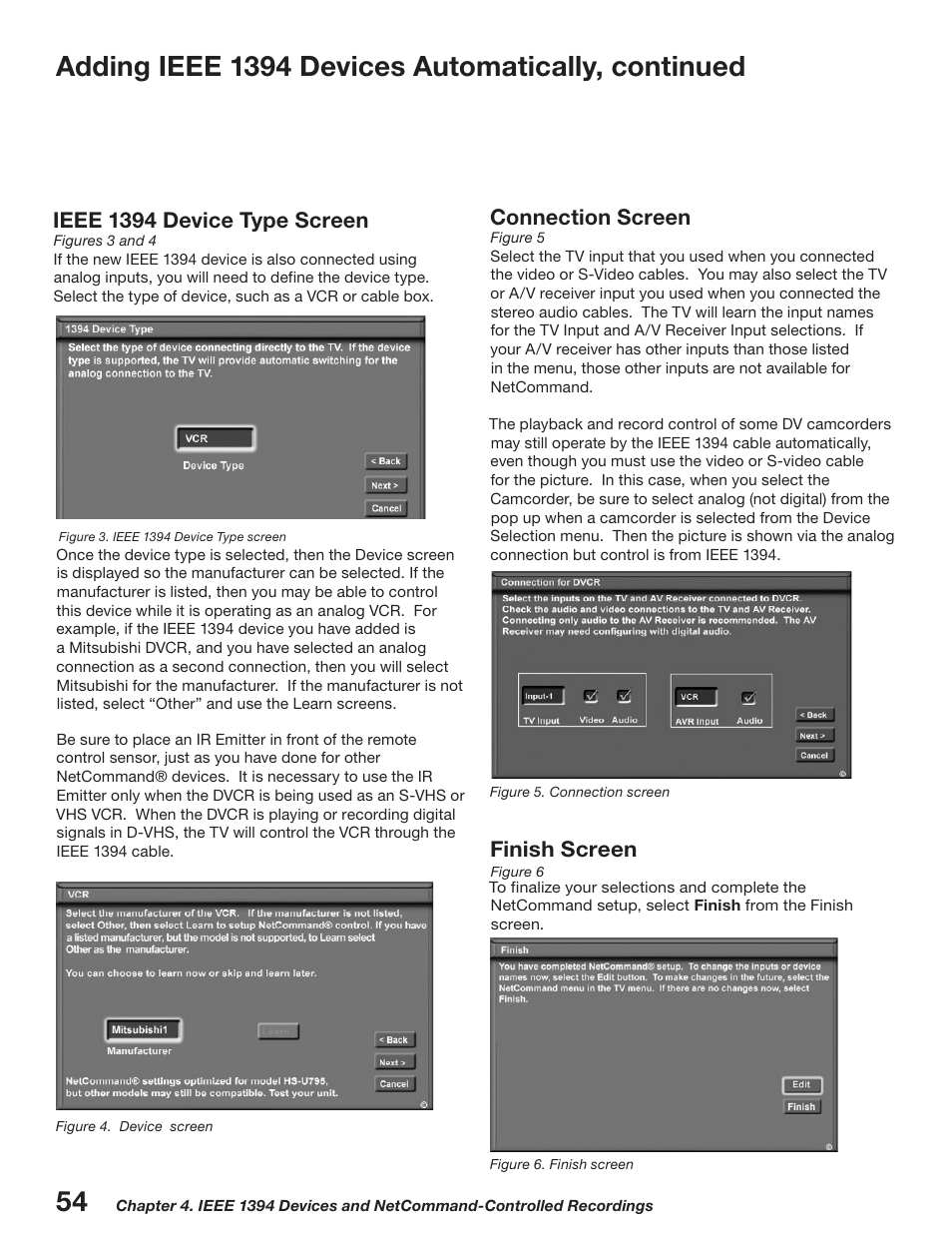 Adding ieee 139 devices automatically, continued, Connection screen, Ieee 139 device type screen | Finish screen | MITSUBISHI ELECTRIC WD-52527 User Manual | Page 54 / 110