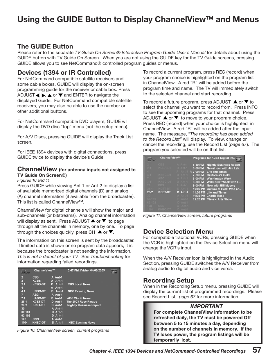 Devices (139 or ir controlled), Channelview, Device selection menu | Recording setup, The guide button | MITSUBISHI ELECTRIC WD-52527 User Manual | Page 57 / 110