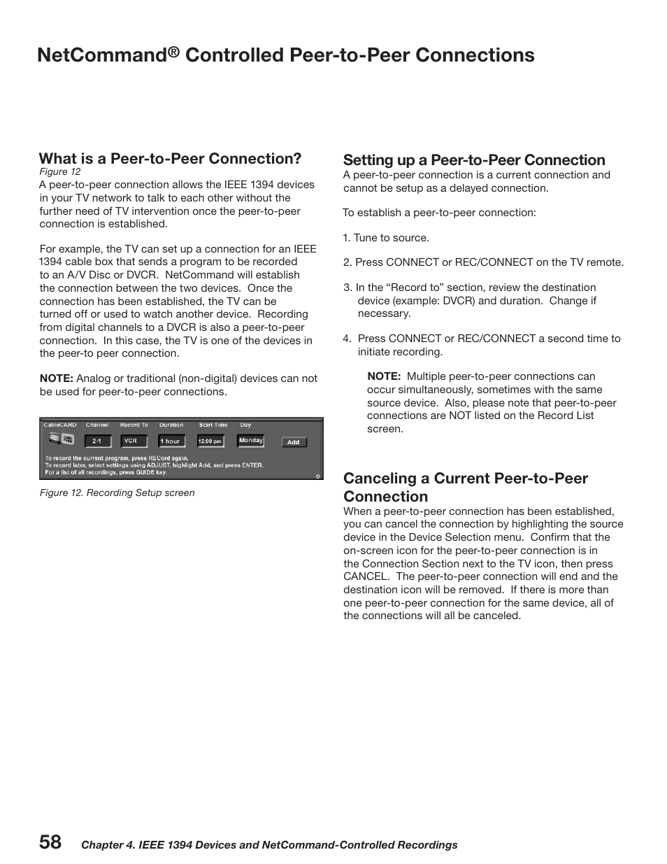 Netcommand, Controlled peer-to-peer connections, What is a peer-to-peer connection | Setting up a peer-to-peer connection, Canceling a current peer-to-peer connection | MITSUBISHI ELECTRIC WD-52527 User Manual | Page 58 / 110