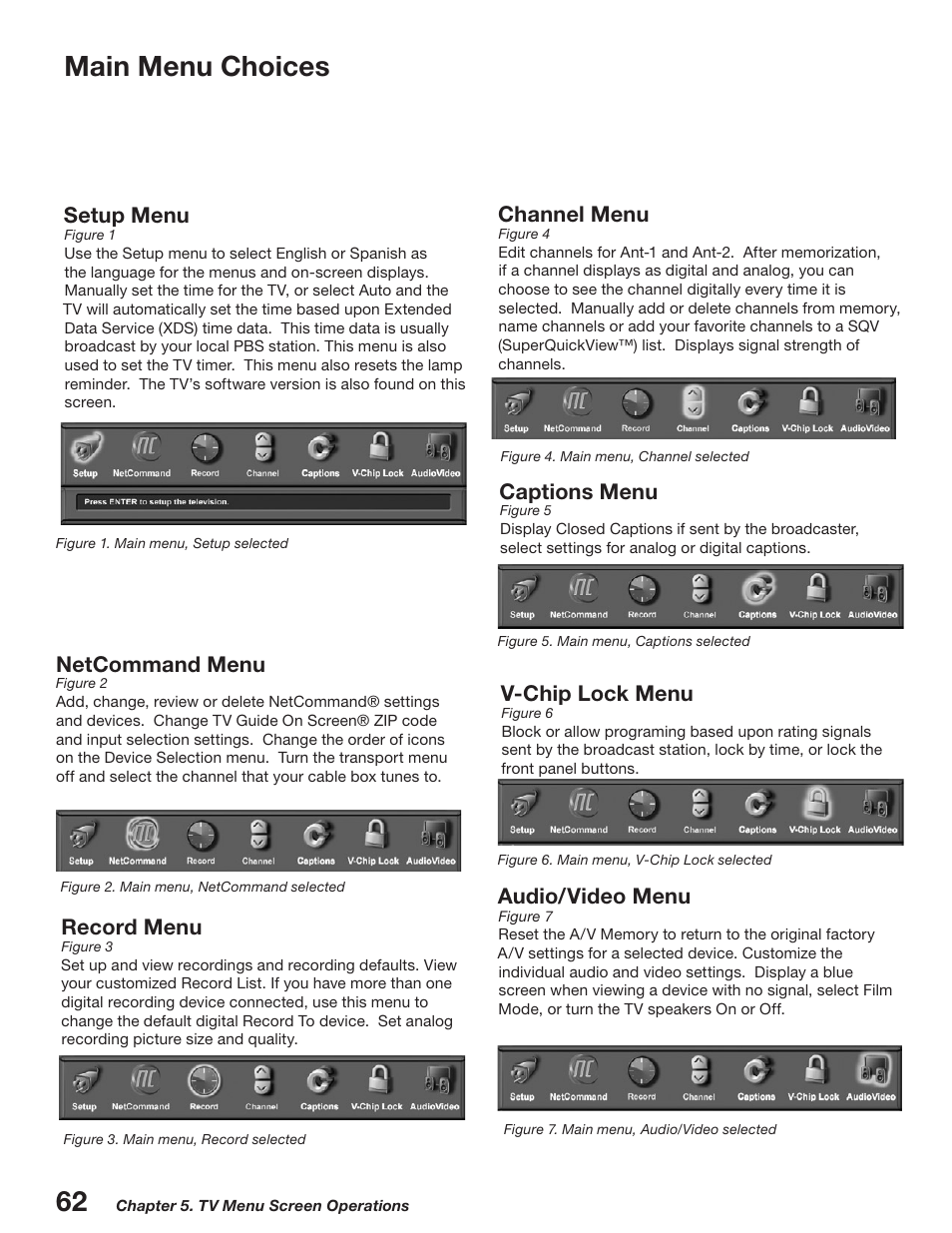 Main menu choices, Setup menu, Channel menu | Captions menu, V-chip lock menu, Audio/video menu, Netcommand menu, Record menu | MITSUBISHI ELECTRIC WD-52527 User Manual | Page 62 / 110