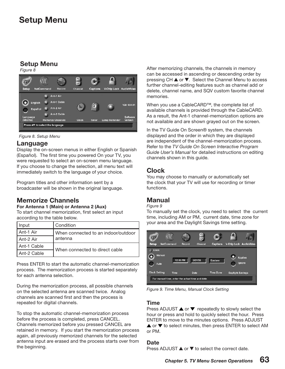 Setup menu, Clock, Manual | Language | MITSUBISHI ELECTRIC WD-52527 User Manual | Page 63 / 110