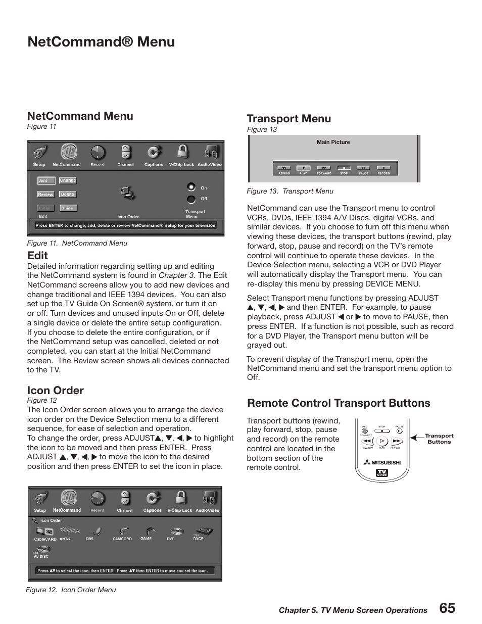 Netcommand® menu, Transport menu, Remote control transport buttons | Netcommand menu, Edit, Icon order | MITSUBISHI ELECTRIC WD-52527 User Manual | Page 65 / 110