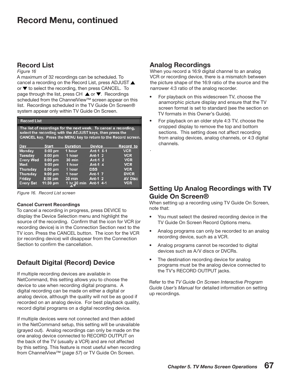 Record menu, continued, Record list, Default digital (record) device | Analog recordings | MITSUBISHI ELECTRIC WD-52527 User Manual | Page 67 / 110