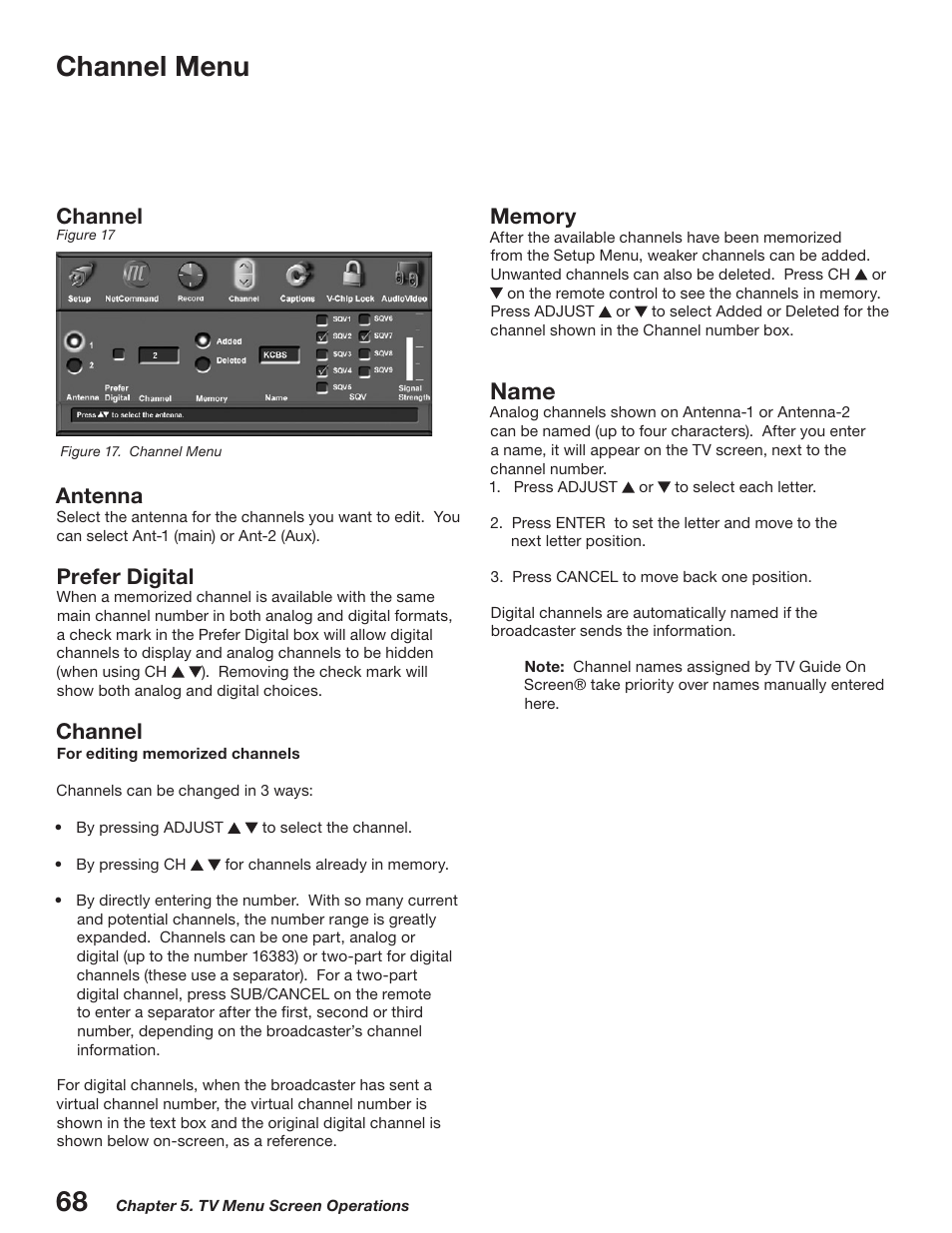 Channel menu, Name, Channel | Antenna, Prefer digital | MITSUBISHI ELECTRIC WD-52527 User Manual | Page 68 / 110