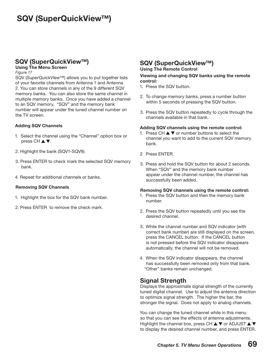 Sqv (superquickview™), Signal strength | MITSUBISHI ELECTRIC WD-52527 User Manual | Page 69 / 110