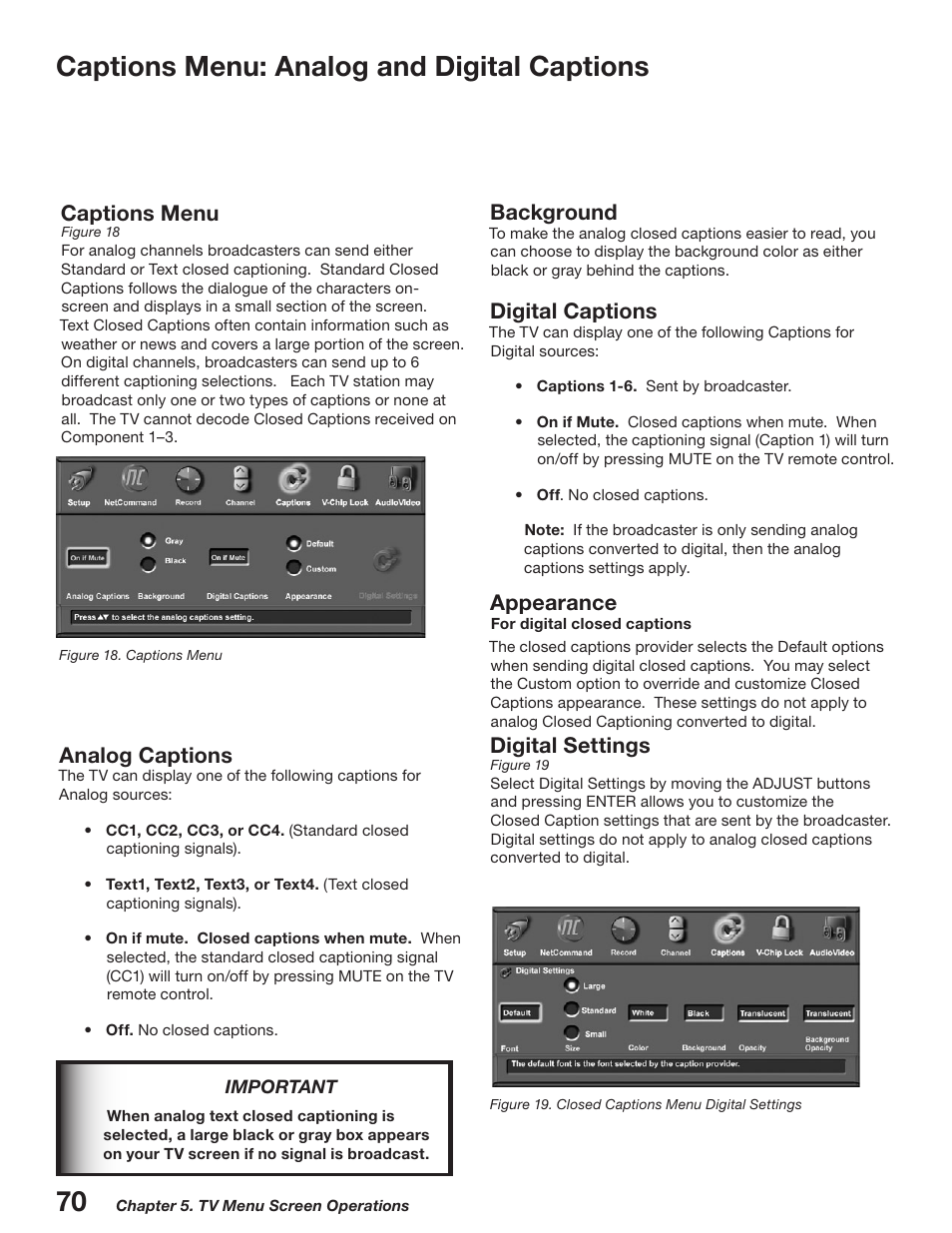 Captions menu: analog and digital captions, Captions menu, Analog captions | Background, Digital captions, Appearance, Digital settings | MITSUBISHI ELECTRIC WD-52527 User Manual | Page 70 / 110