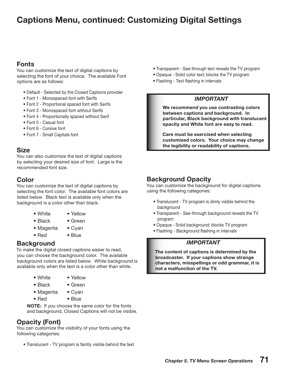 Fonts, Size, Color | Background, Opacity (font), Background opacity | MITSUBISHI ELECTRIC WD-52527 User Manual | Page 71 / 110