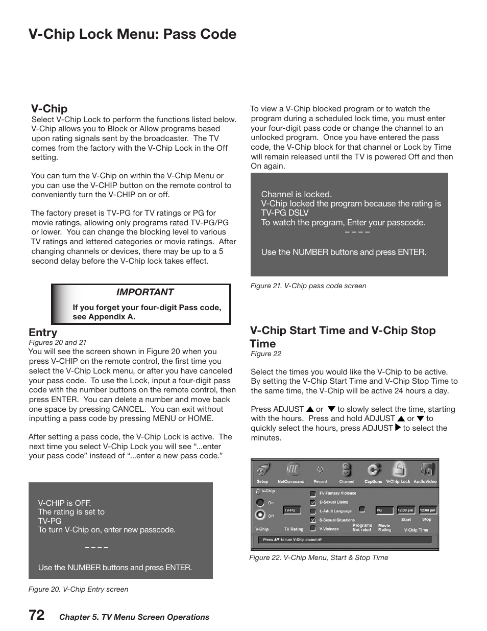 V-chip lock menu: pass code, V-chip, Entry | V-chip start time and v-chip stop time | MITSUBISHI ELECTRIC WD-52527 User Manual | Page 72 / 110