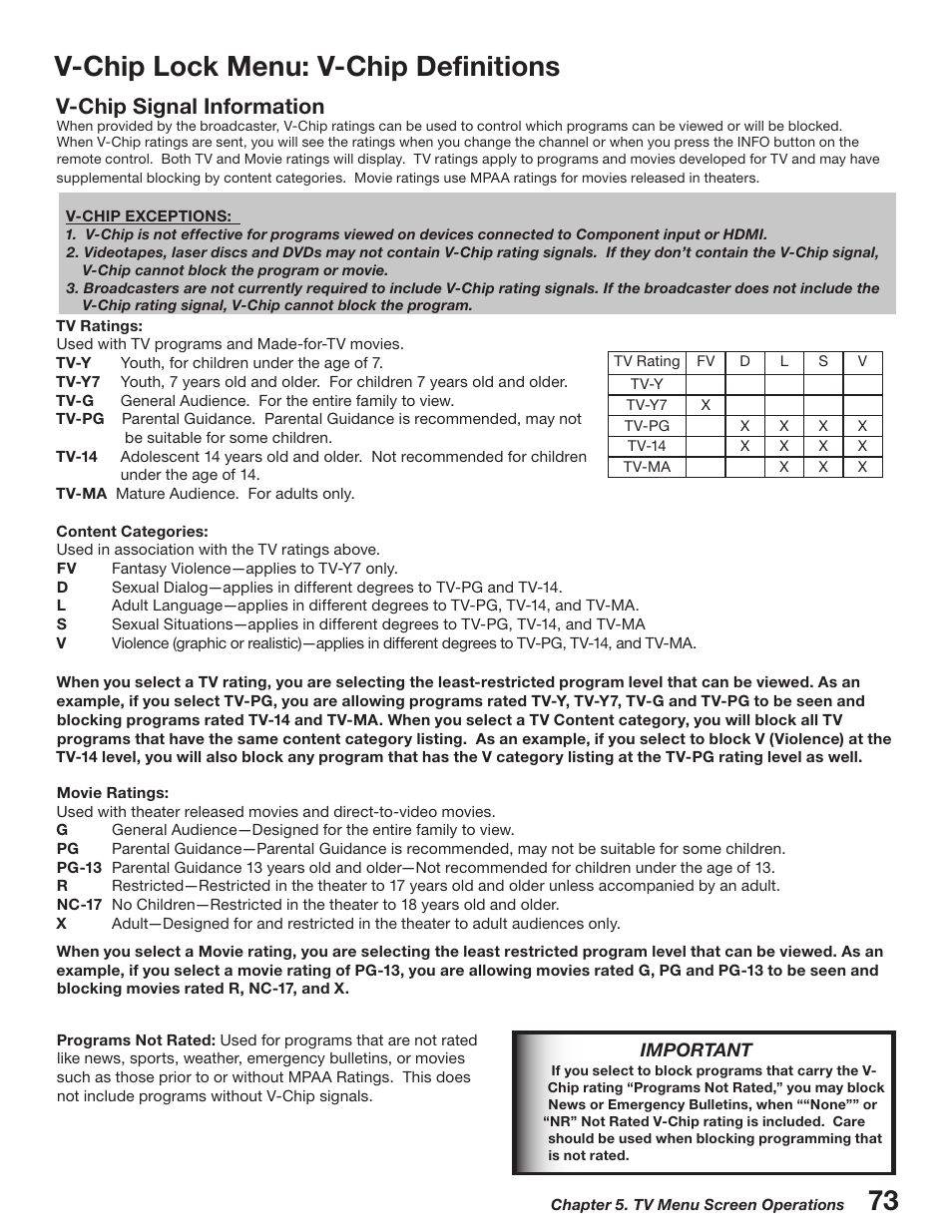 V-chip lock menu: v-chip definitions, V-chip signal information | MITSUBISHI ELECTRIC WD-52527 User Manual | Page 73 / 110