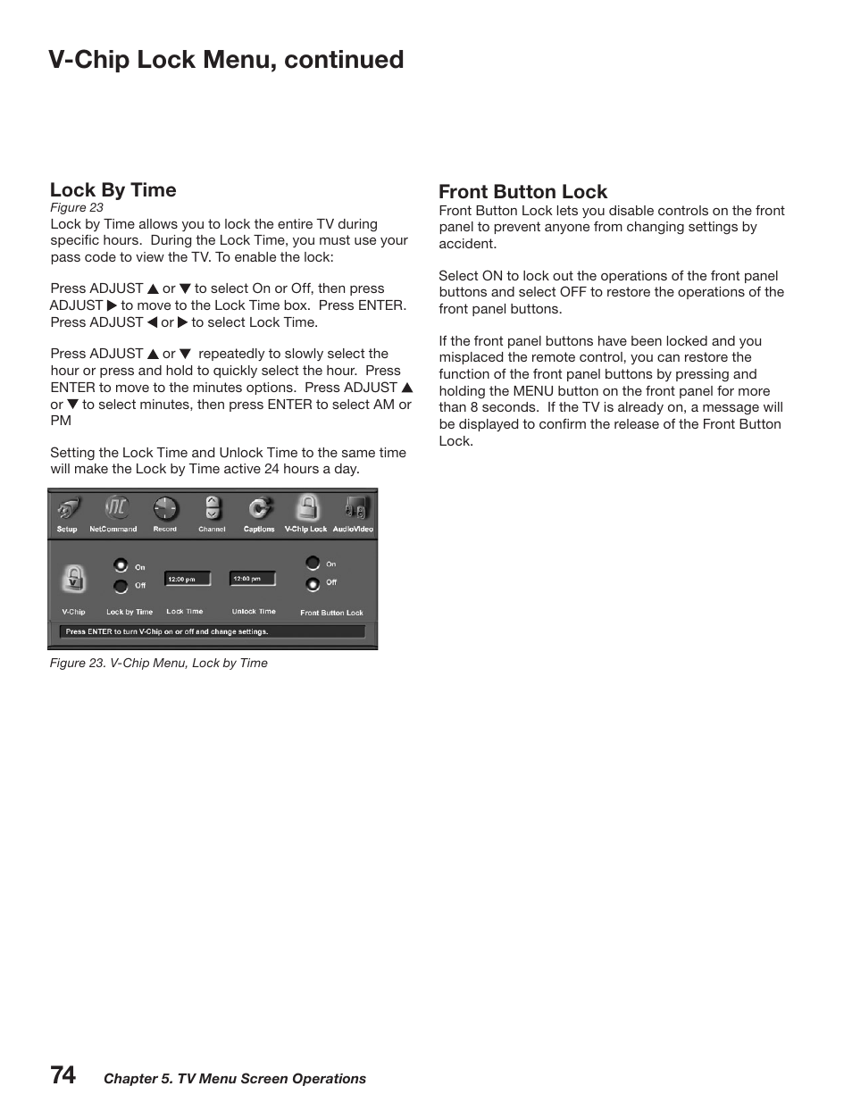 V-chip lock menu, continued, Lock by time, Front button lock | MITSUBISHI ELECTRIC WD-52527 User Manual | Page 74 / 110