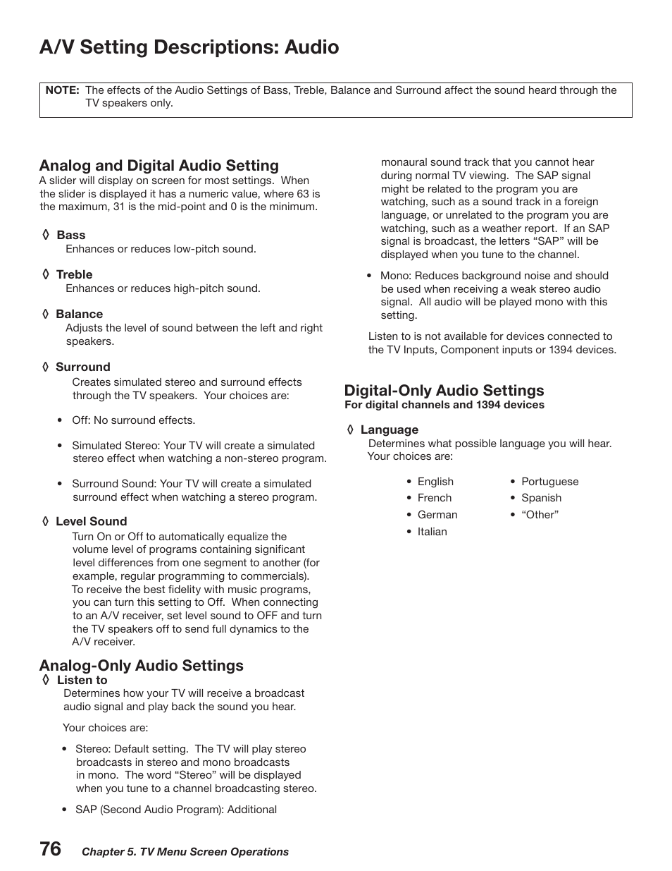 A/v setting descriptions: audio, Analog and digital audio setting, Analog-only audio settings | Digital-only audio settings | MITSUBISHI ELECTRIC WD-52527 User Manual | Page 76 / 110