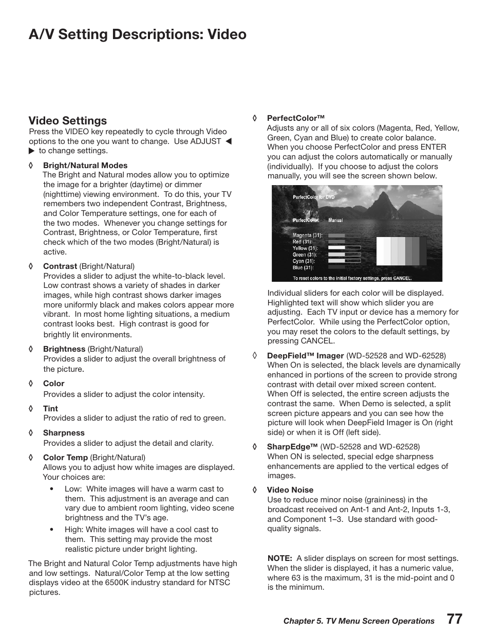 A/v setting descriptions: video, Video settings | MITSUBISHI ELECTRIC WD-52527 User Manual | Page 77 / 110