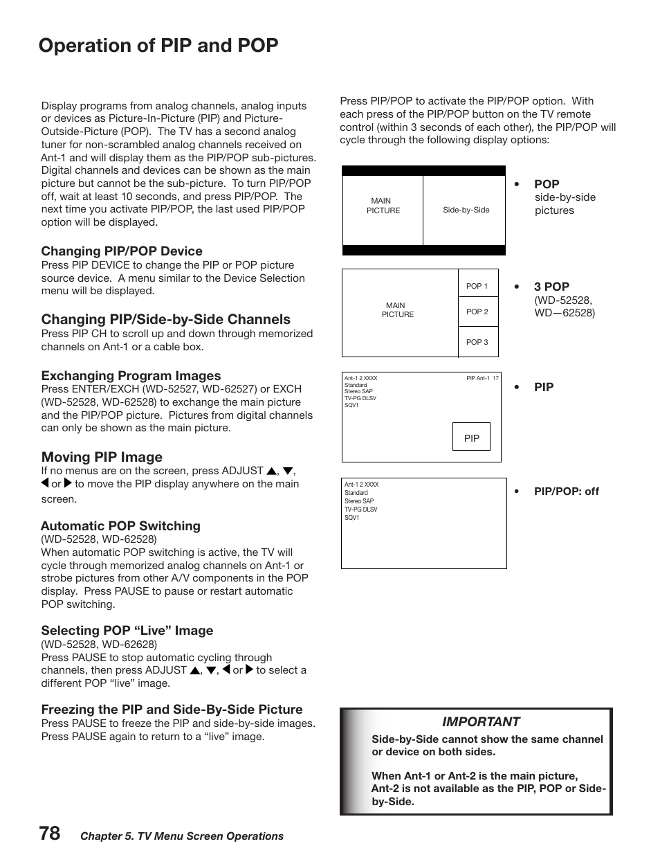 Operation of pip and pop, Changing pip/side-by-side channels, Moving pip image | MITSUBISHI ELECTRIC WD-52527 User Manual | Page 78 / 110