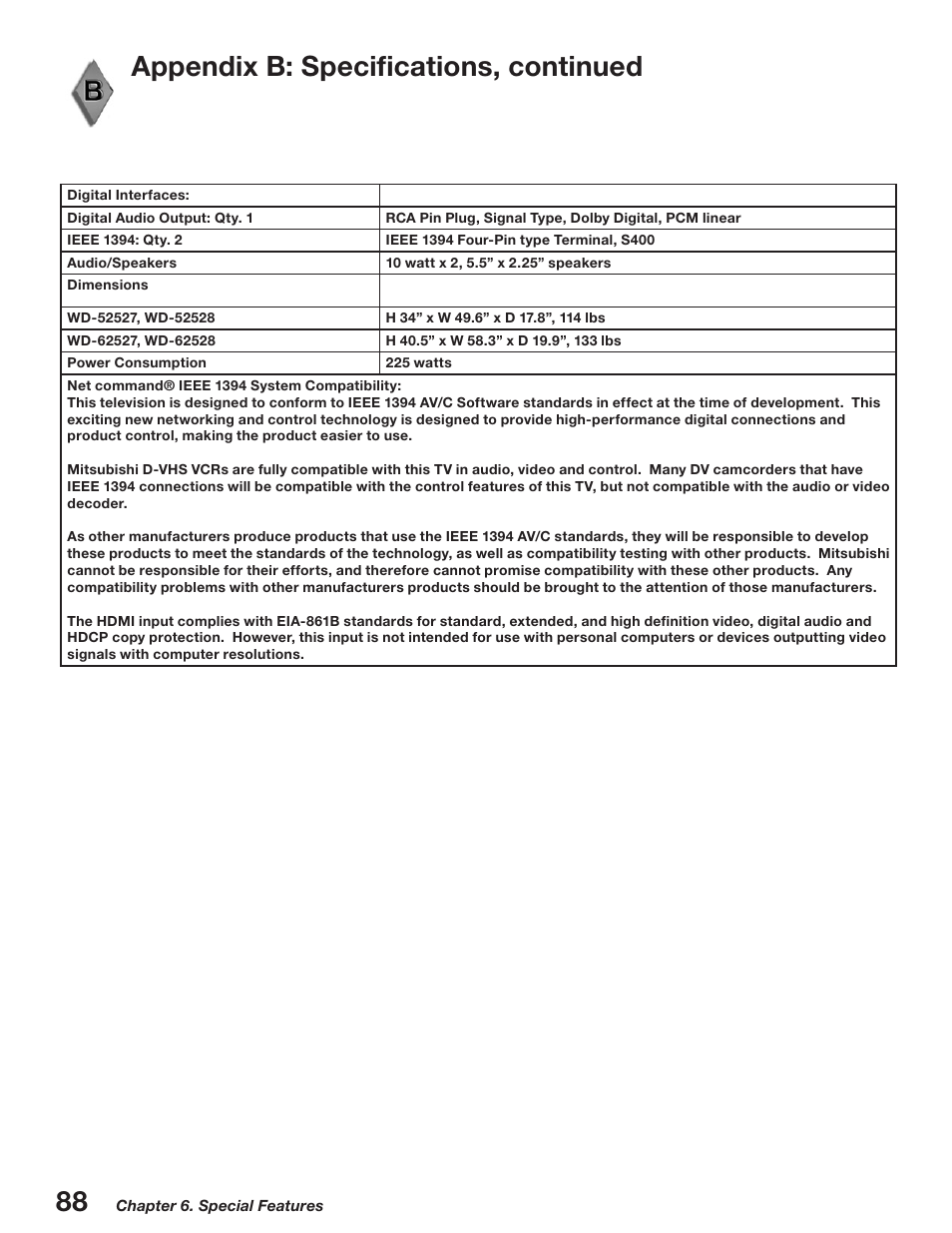 Appendix b: specifications, continued | MITSUBISHI ELECTRIC WD-52527 User Manual | Page 88 / 110