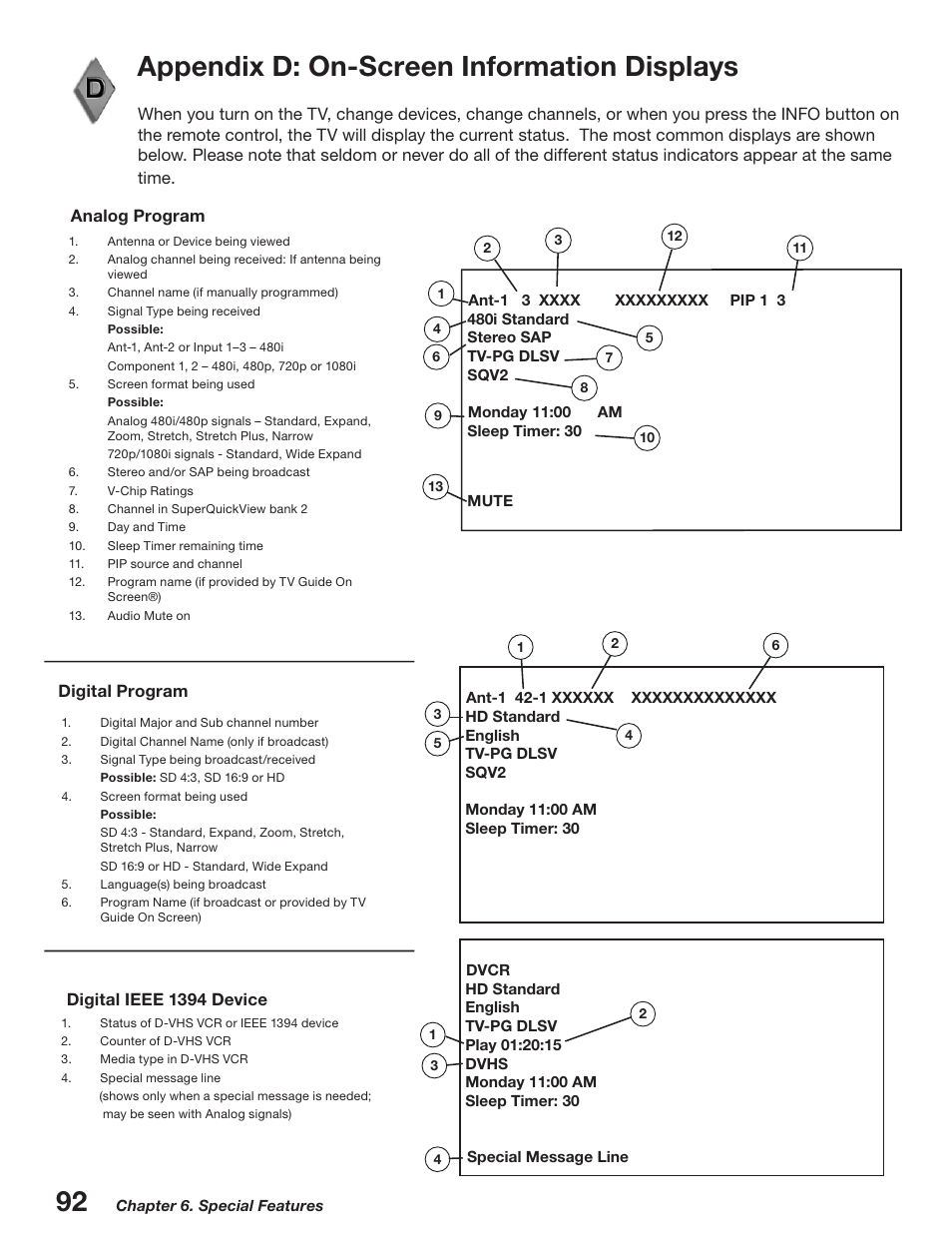 Appendix d: on-screen information displays, Digital program, Analog program digital ieee 139 device | MITSUBISHI ELECTRIC WD-52527 User Manual | Page 92 / 110