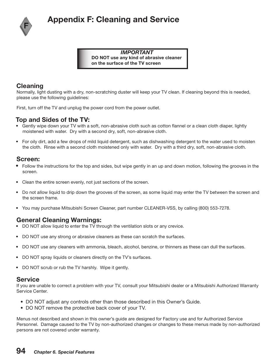 Appendix f: cleaning and service, Cleaning, Top and sides of the tv | Screen, General cleaning warnings, Service | MITSUBISHI ELECTRIC WD-52527 User Manual | Page 94 / 110