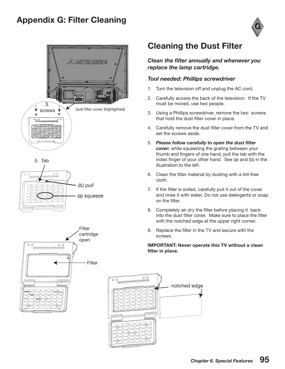 Appendix g: filter cleaning, Cleaning the dust filter | MITSUBISHI ELECTRIC WD-52527 User Manual | Page 95 / 110