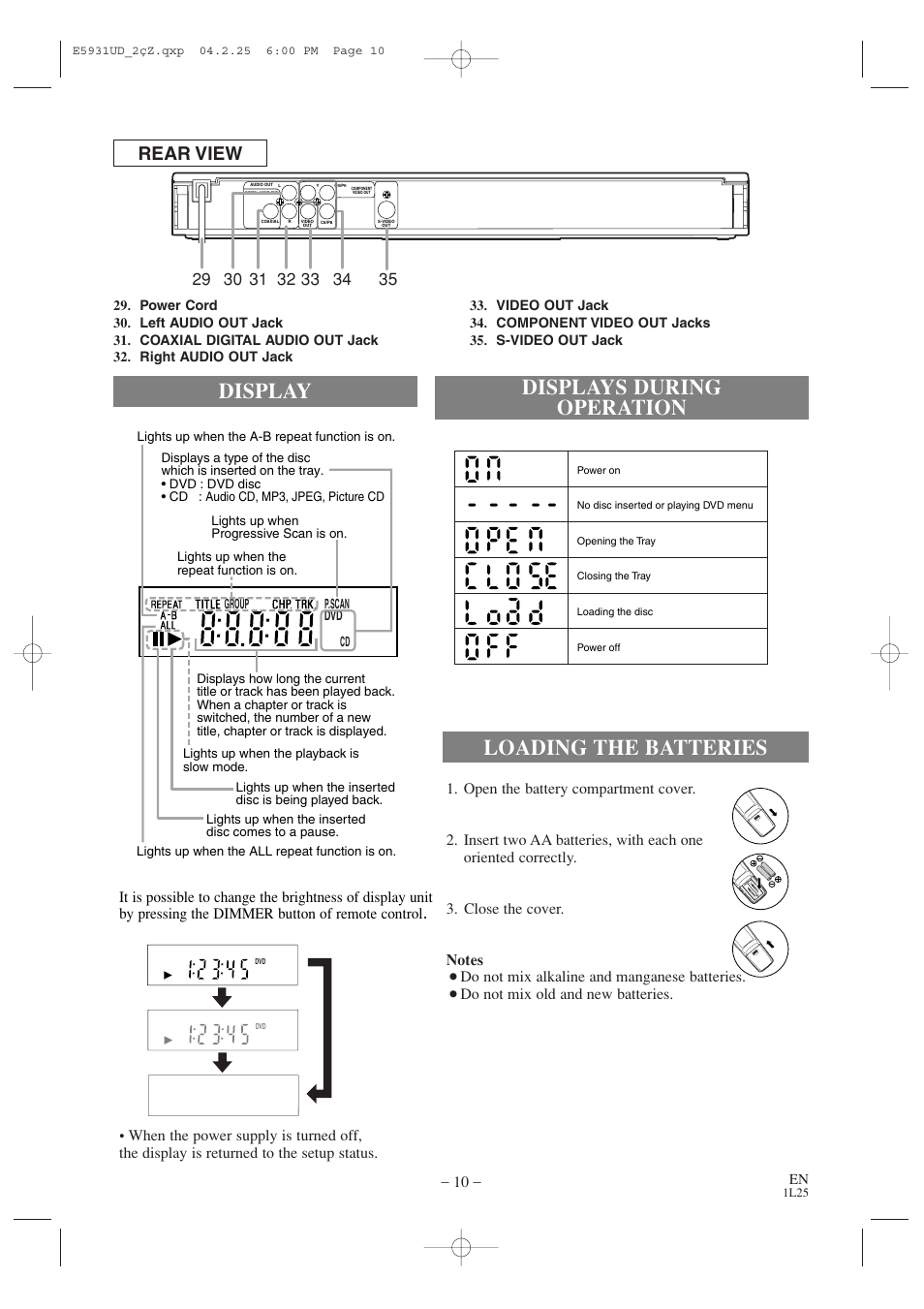 Rear view, Do not mix alkaline and manganese batteries | MITSUBISHI ELECTRIC DD-6050 User Manual | Page 10 / 40