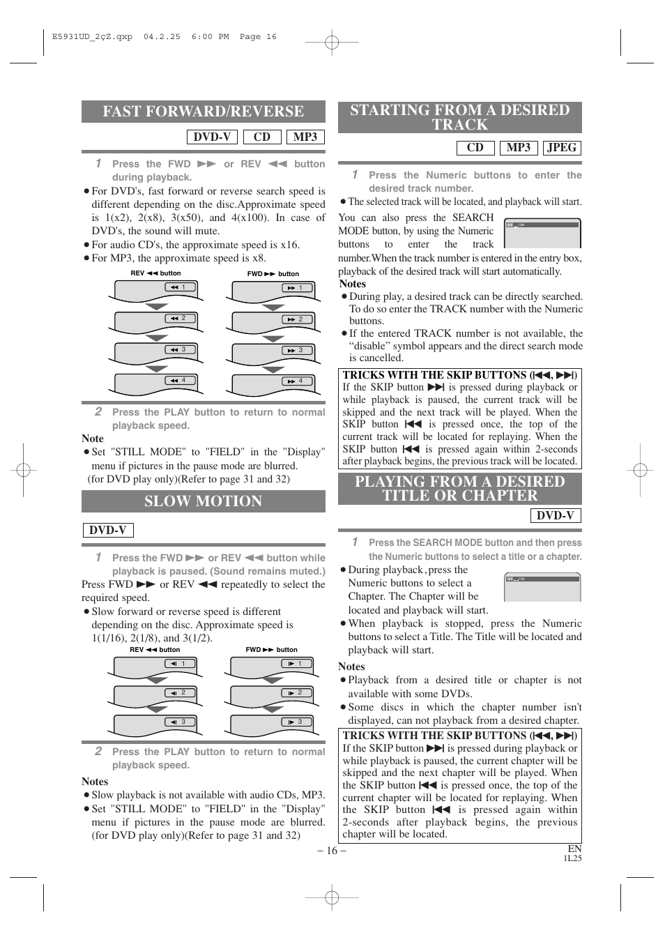 Fast forward/reverse, Slow motion, Starting from a desired track | Playing from a desired title or chapter | MITSUBISHI ELECTRIC DD-6050 User Manual | Page 16 / 40