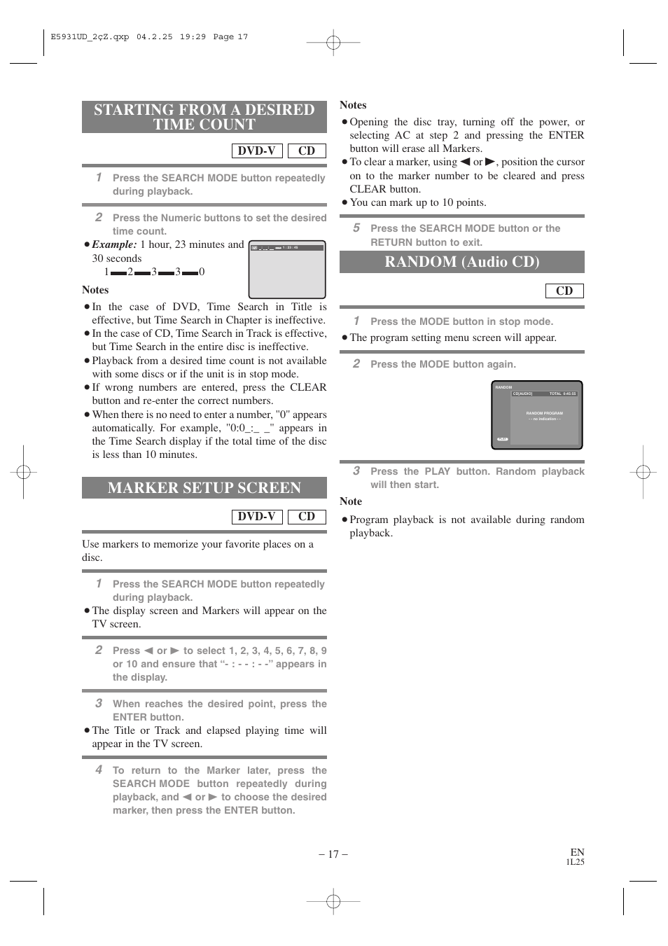 Starting from a desired time count, Random (audio cd), Marker setup screen | MITSUBISHI ELECTRIC DD-6050 User Manual | Page 17 / 40