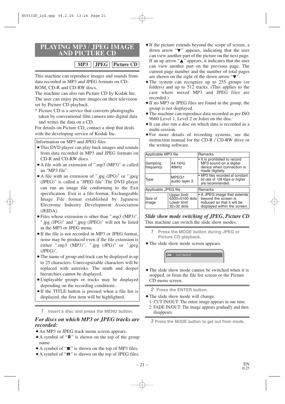 Playing mp3 / jpeg image and picture cd, For discs on which mp3 or jpeg tracks are recorded, Slide show mode switching of jpeg, picture cd | MITSUBISHI ELECTRIC DD-6050 User Manual | Page 21 / 40