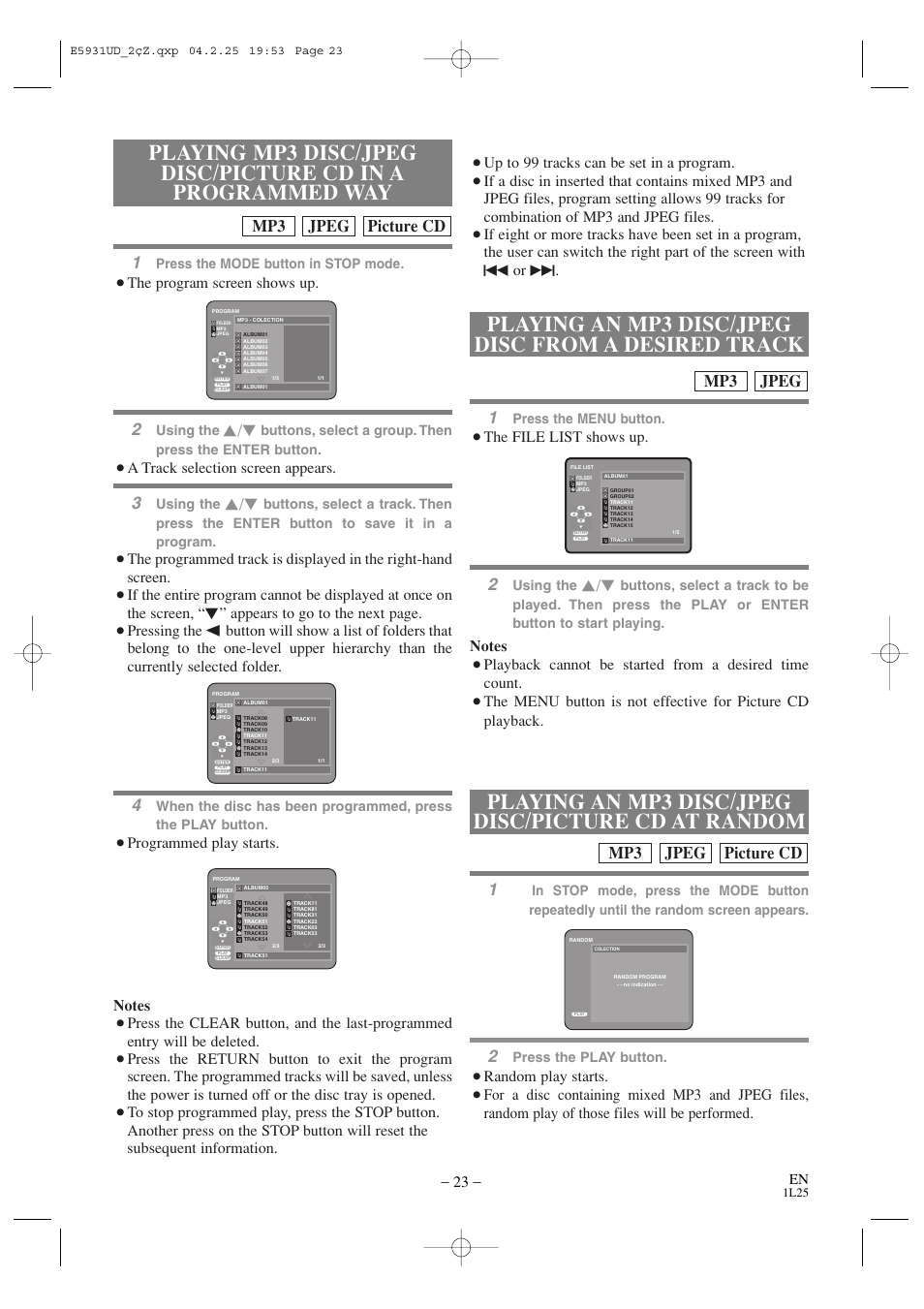 Playing an mp3 disc/jpeg disc/picture cd at random, Playing an mp3 disc/jpeg disc from a desired track, Picture cd jpeg mp3 | Jpeg mp3, Random play starts, The file list shows up, The program screen shows up, A track selection screen appears, Appears to go to the next page, Up to 99 tracks can be set in a program | MITSUBISHI ELECTRIC DD-6050 User Manual | Page 23 / 40