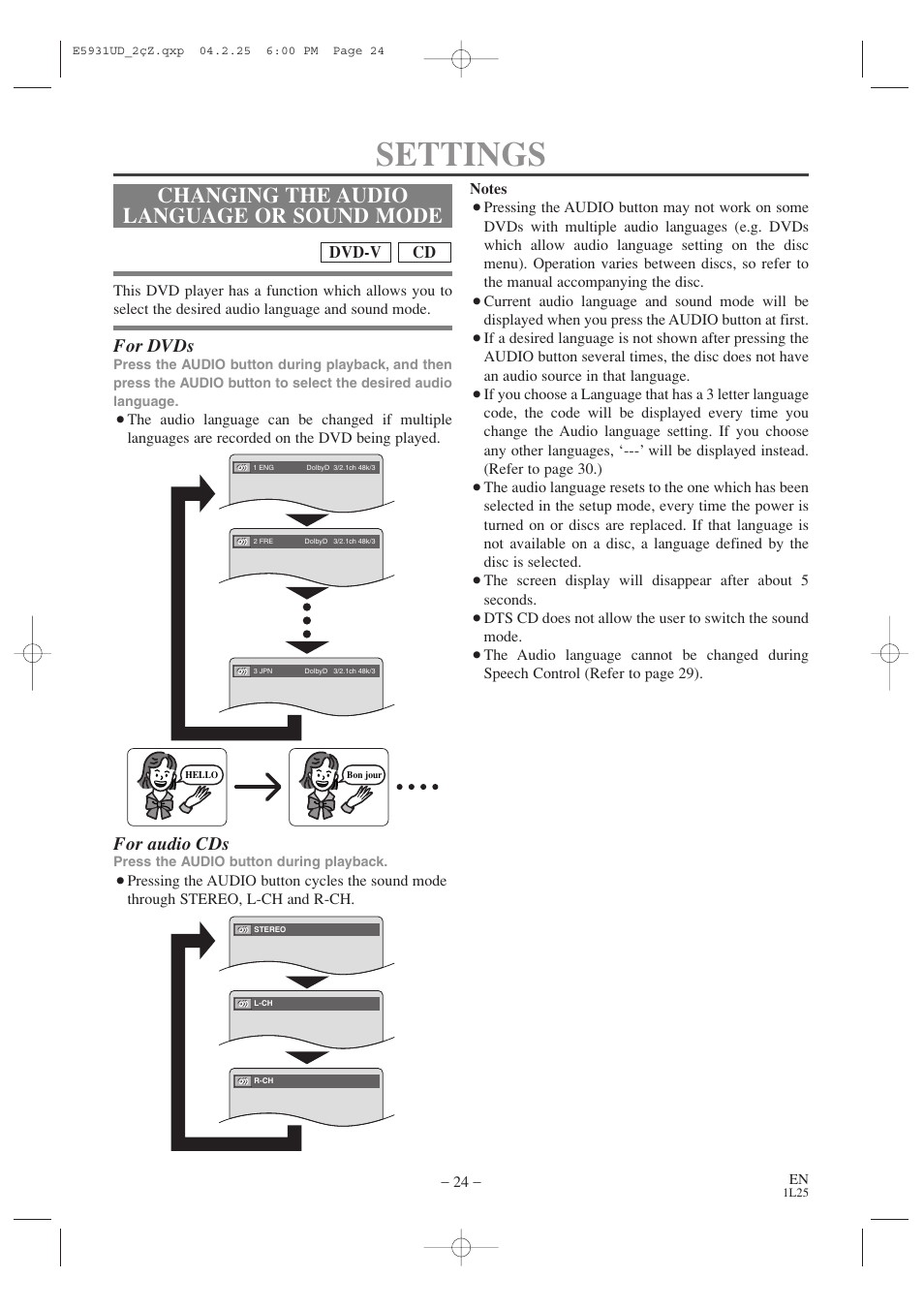 Settings, Changing the audio language or sound mode, For dvds | For audio cds | MITSUBISHI ELECTRIC DD-6050 User Manual | Page 24 / 40