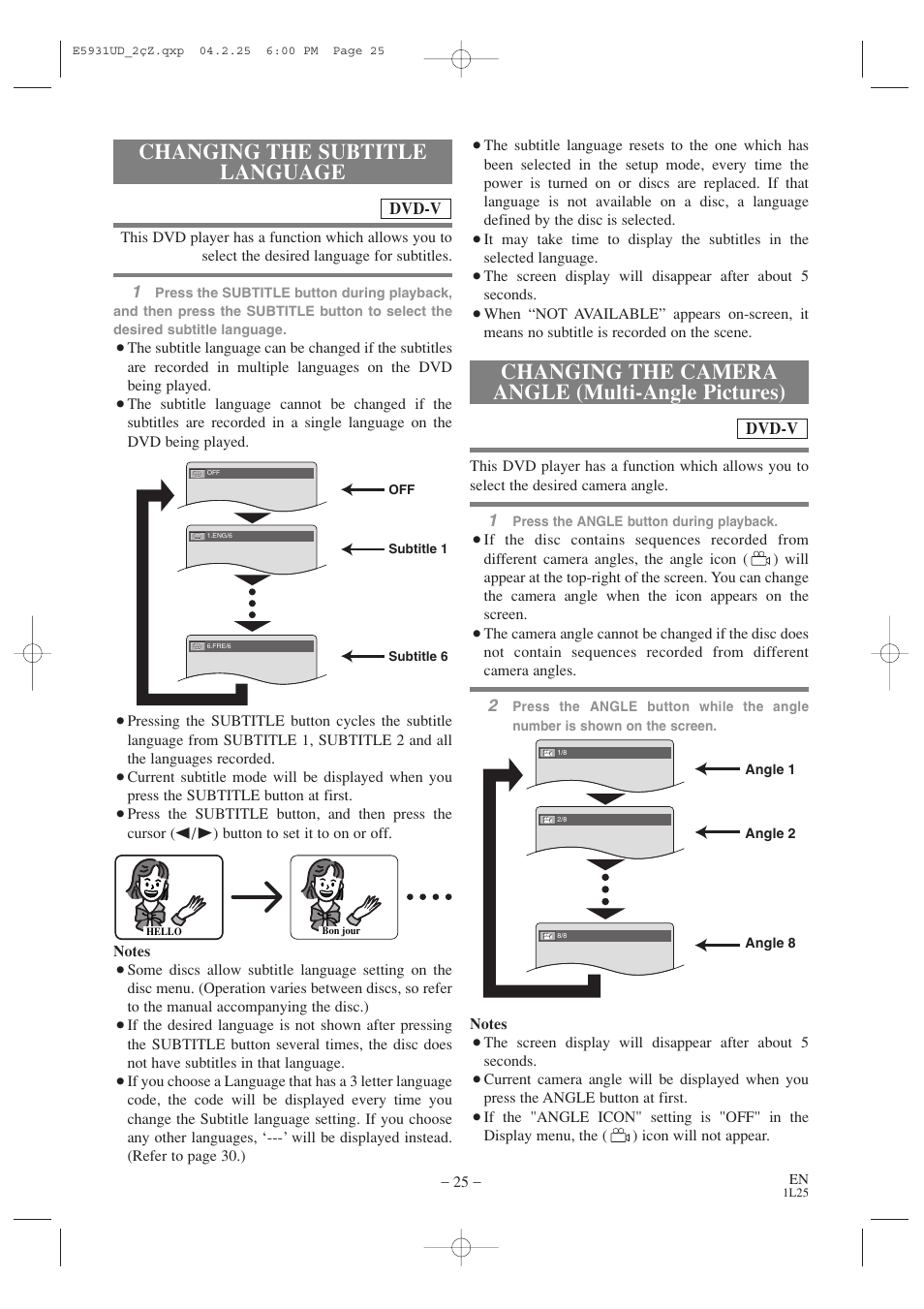 Changing the camera angle (multi-angle pictures), Changing the subtitle language | MITSUBISHI ELECTRIC DD-6050 User Manual | Page 25 / 40