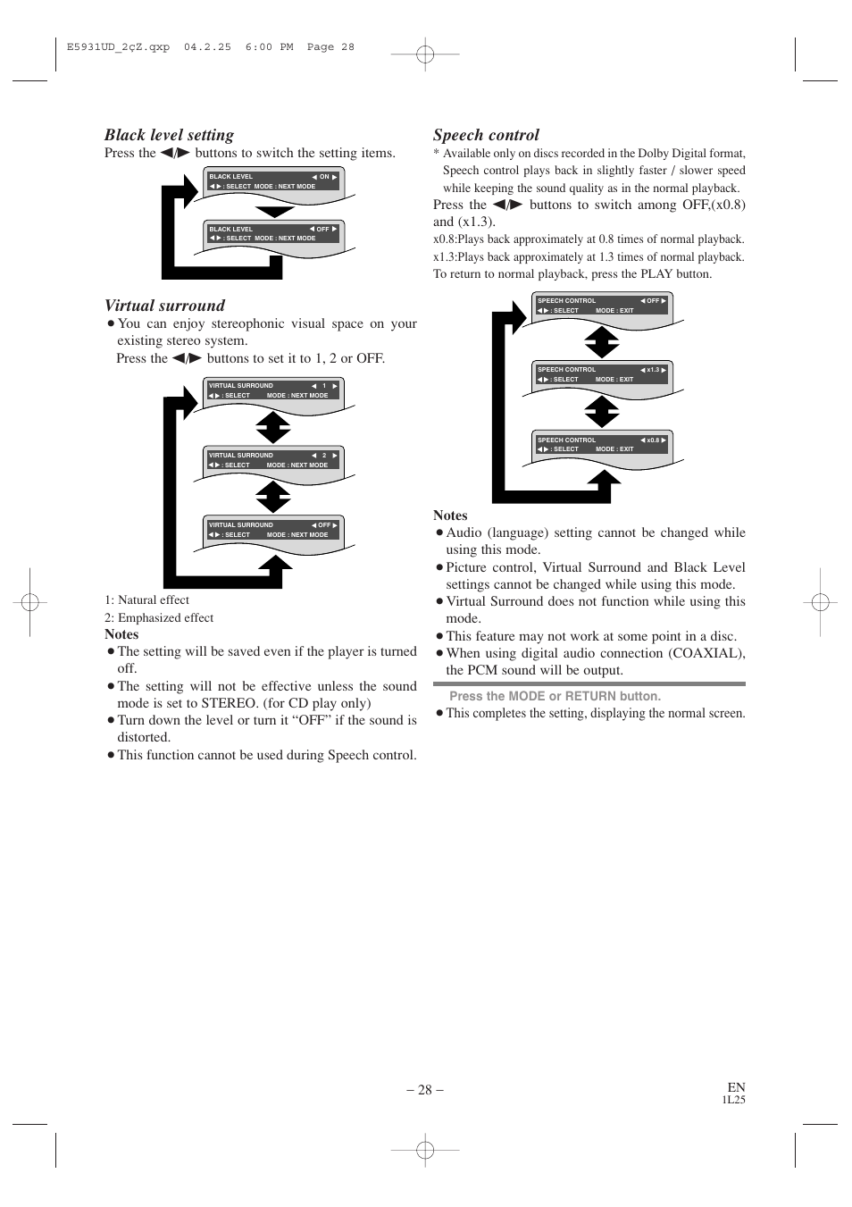 Speech control, Virtual surround, Black level setting | This feature may not work at some point in a disc, This function cannot be used during speech control, Press the s/b buttons to switch the setting items | MITSUBISHI ELECTRIC DD-6050 User Manual | Page 28 / 40