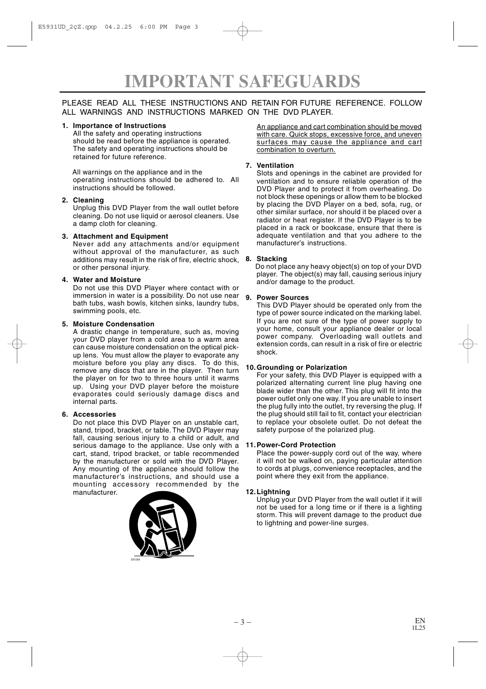 Important safeguards | MITSUBISHI ELECTRIC DD-6050 User Manual | Page 3 / 40