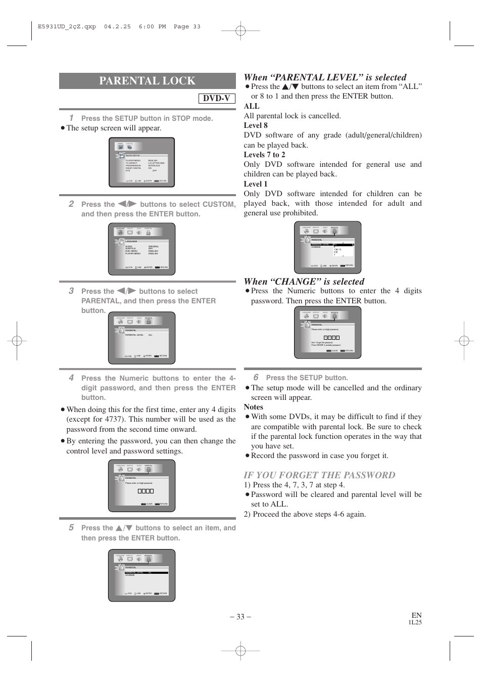 Parental lock, When “parental level” is selected, When “change” is selected | If you forget the password, Dvd-v, Press the, Record the password in case you forget it, The setup screen will appear, Press the setup button, Press the setup button in stop mode | MITSUBISHI ELECTRIC DD-6050 User Manual | Page 33 / 40