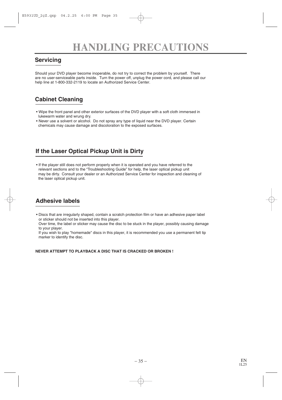 Handling precautions | MITSUBISHI ELECTRIC DD-6050 User Manual | Page 35 / 40