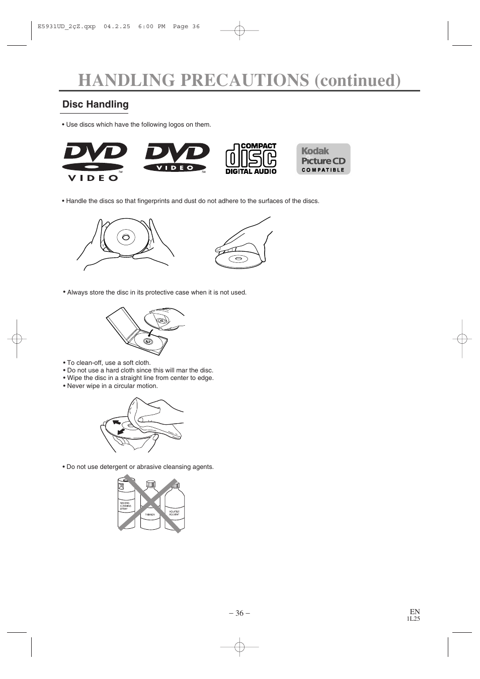 Handling precautions (continued), Disc handling | MITSUBISHI ELECTRIC DD-6050 User Manual | Page 36 / 40