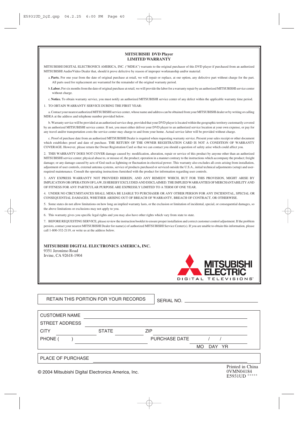 MITSUBISHI ELECTRIC DD-6050 User Manual | Page 40 / 40