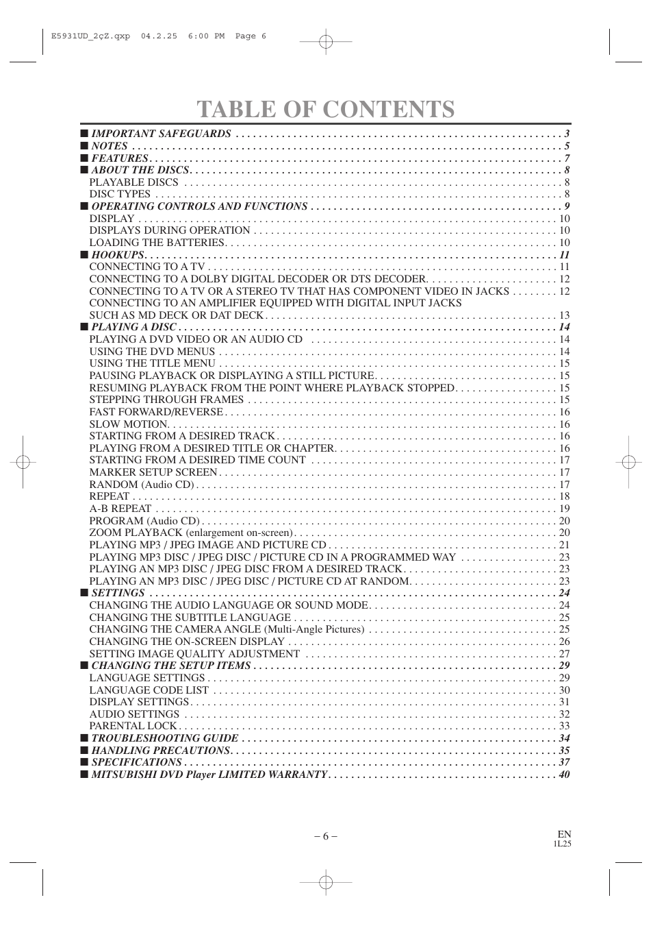 MITSUBISHI ELECTRIC DD-6050 User Manual | Page 6 / 40