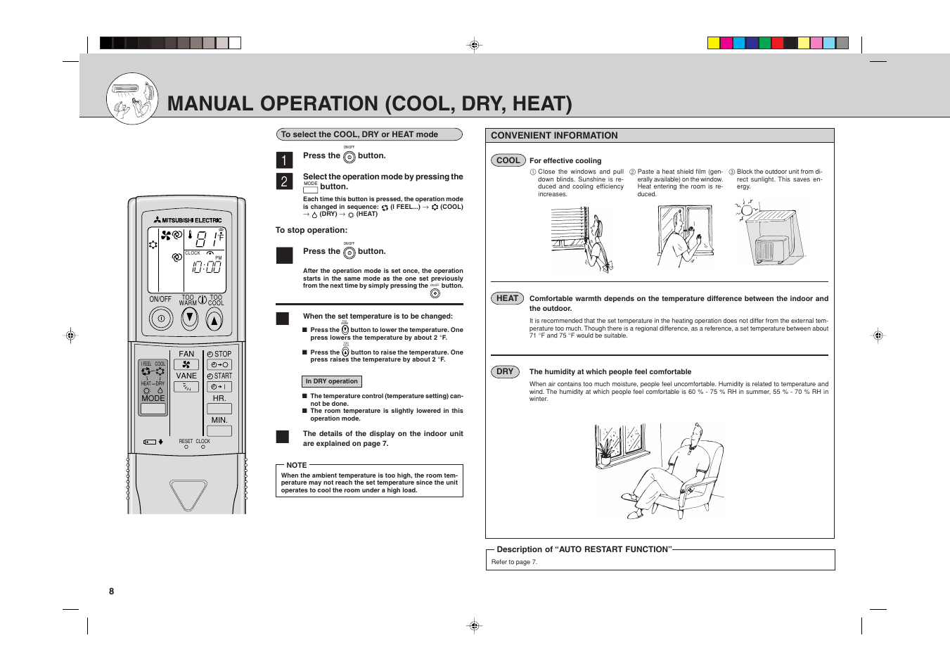 Manual operation (cool, dry, heat) | MITSUBISHI ELECTRIC MSZ09UN User Manual | Page 15 / 30