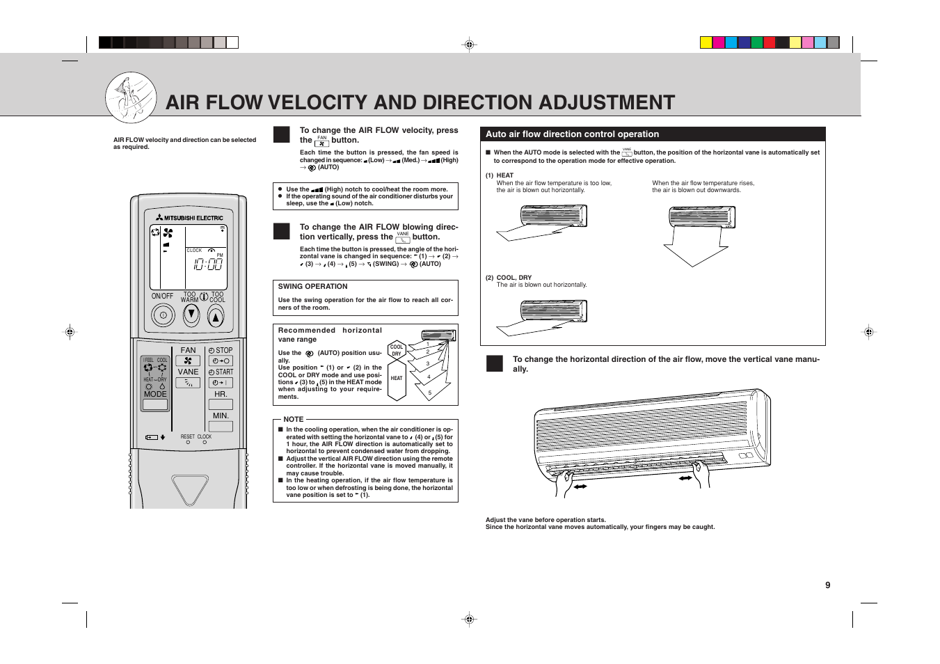 Air flow velocity and direction adjustment | MITSUBISHI ELECTRIC MSZ09UN User Manual | Page 17 / 30