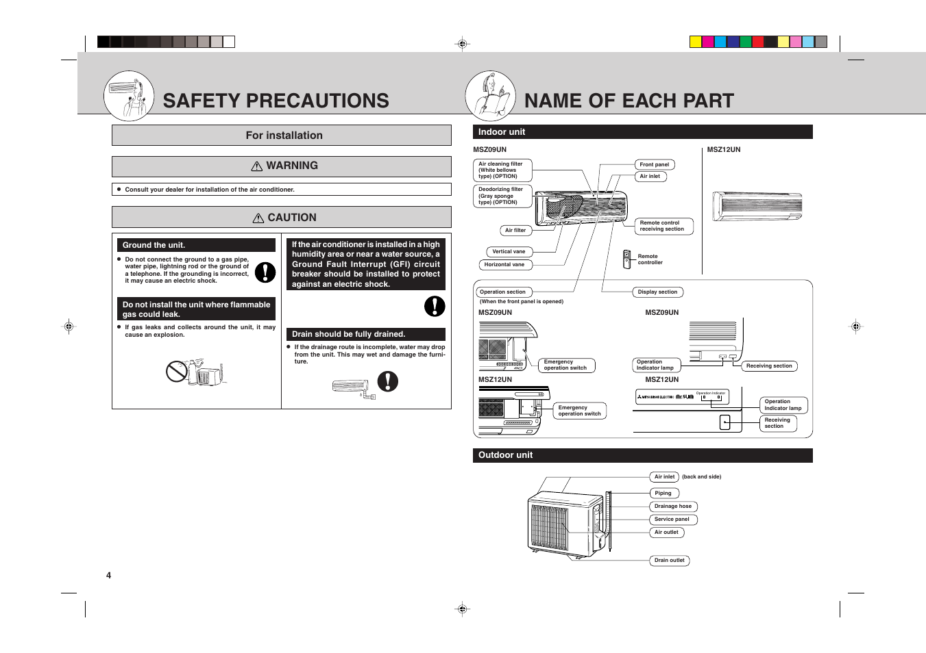 Safety precautions, Name of each part, For installation warning | Caution | MITSUBISHI ELECTRIC MSZ09UN User Manual | Page 7 / 30