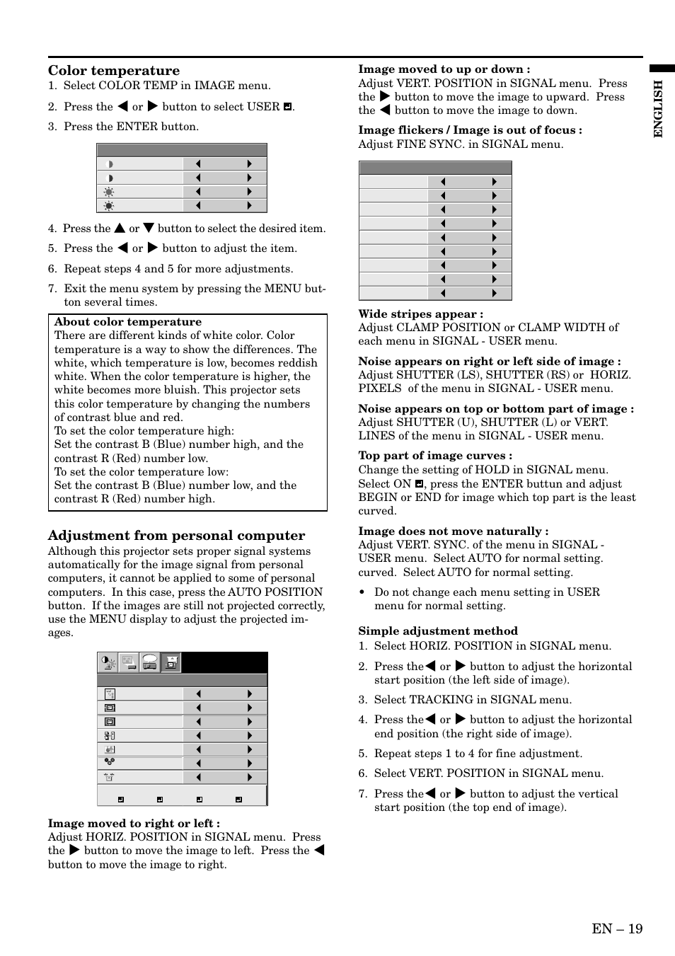 En – 19, Adjustment from personal computer, Color temperature | English | MITSUBISHI ELECTRIC XL2U User Manual | Page 19 / 28