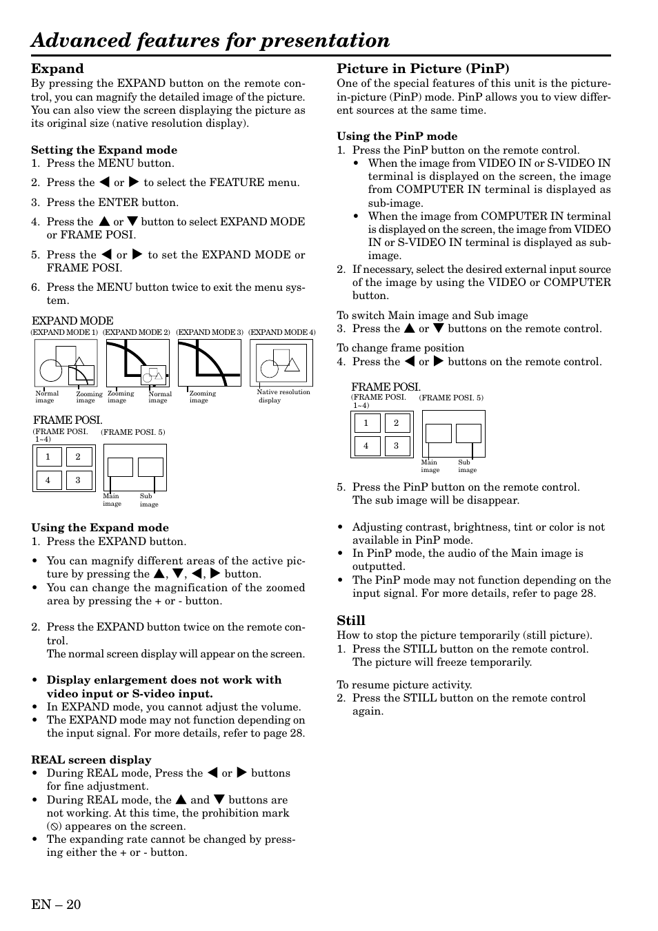 Advanced features for presentation, En – 20, Expand | Picture in picture (pinp), Still | MITSUBISHI ELECTRIC XL2U User Manual | Page 20 / 28