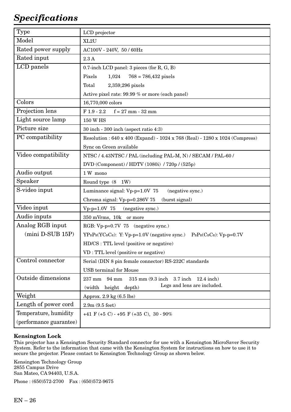Specifications | MITSUBISHI ELECTRIC XL2U User Manual | Page 26 / 28